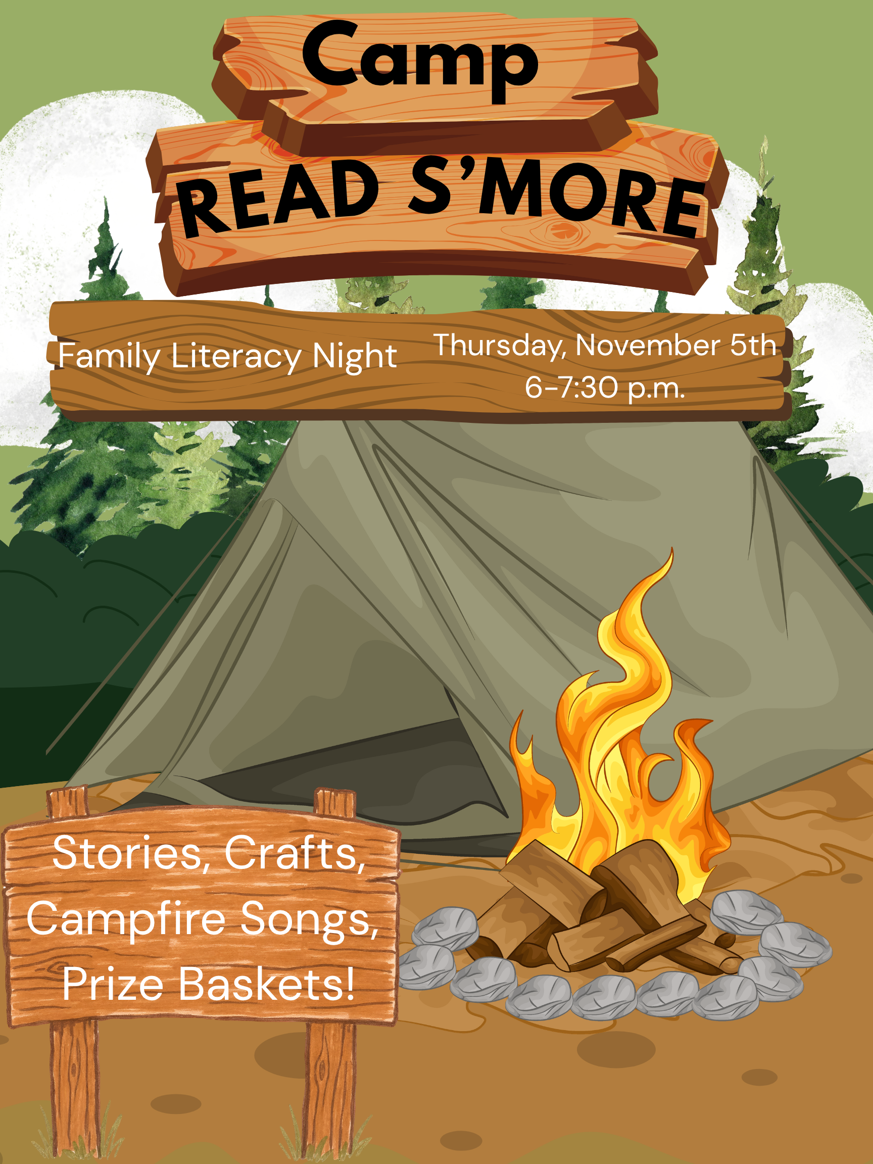 A colorful poster for "Camp READ S'MORE Family Literacy Night" featuring a tent, campfire, and wooden signs.